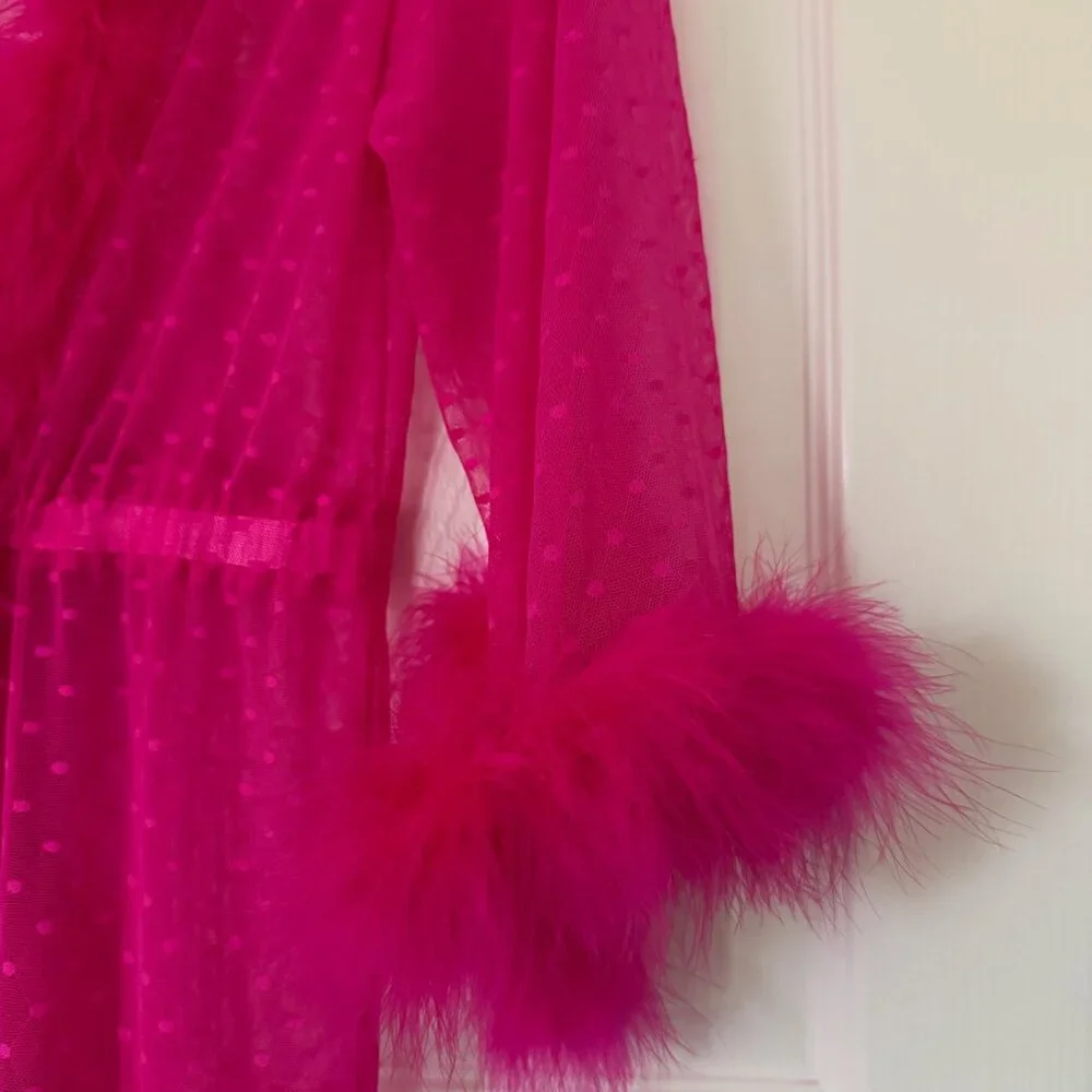 Betsey Johnson Pink Sheer Robe with Feather Boa Trim - Picture 8 of 11